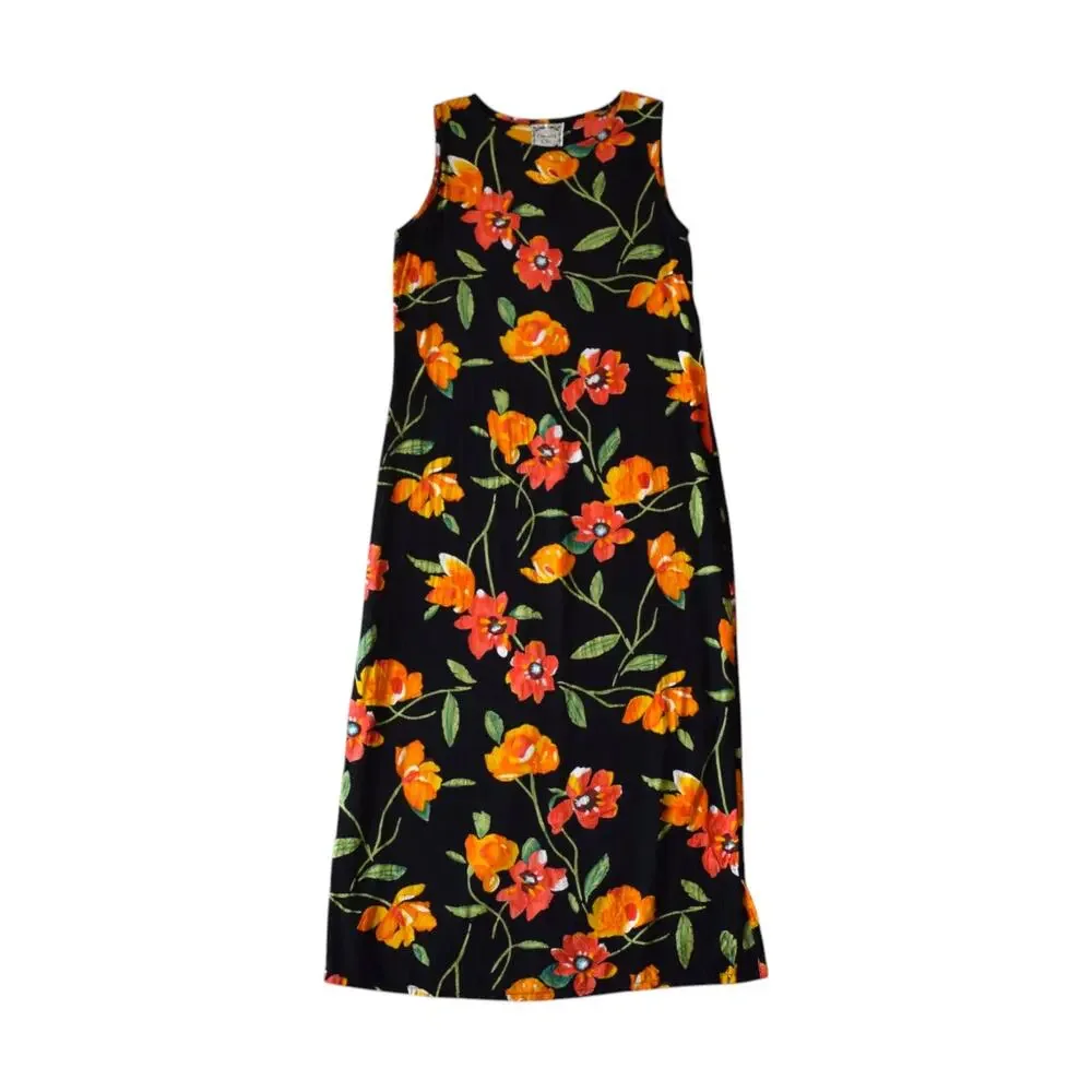 Vintage 90s Floral Rayon Maxi Dress Black Orange Sleeveless Large - Picture 1 of 5
